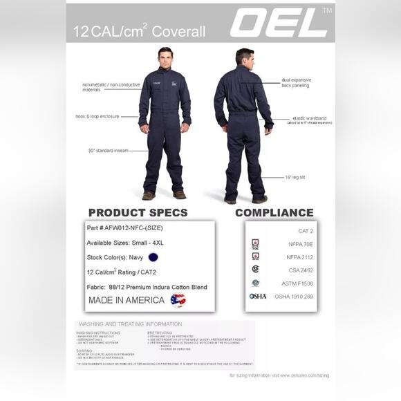 OEL Arc Flash Wear 12 CAL CM2 Navy Blue Electrician Safety Work Wear Coverall 2X - Picture 3 of 16